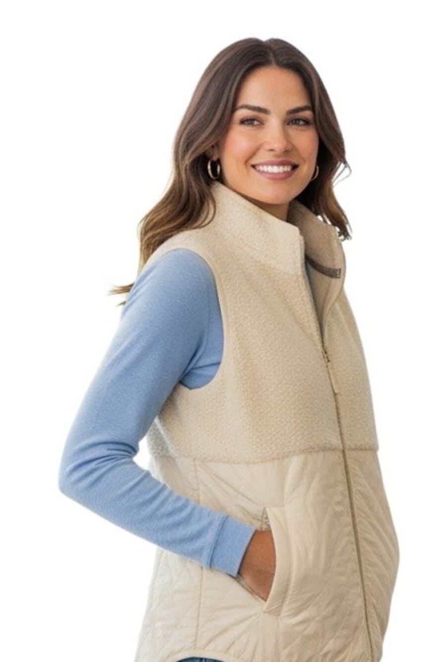 Tommy Bahama $158 Mixed Media Quilted Fleece Cream Vest Size M
